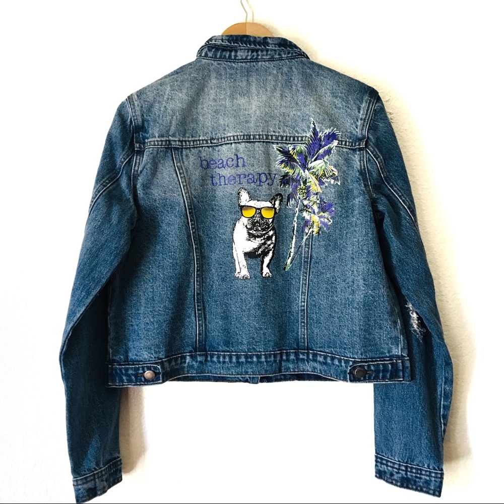 Denim jacket French bulldog with glasses graphic